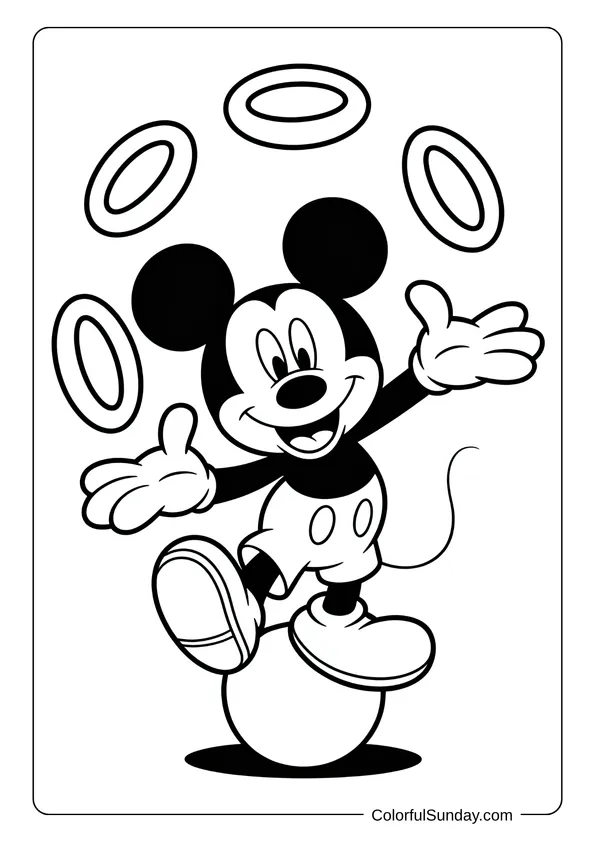 Circus coloring page of Mickey Mouse juggling rings while balancing on a ball with a big smile.