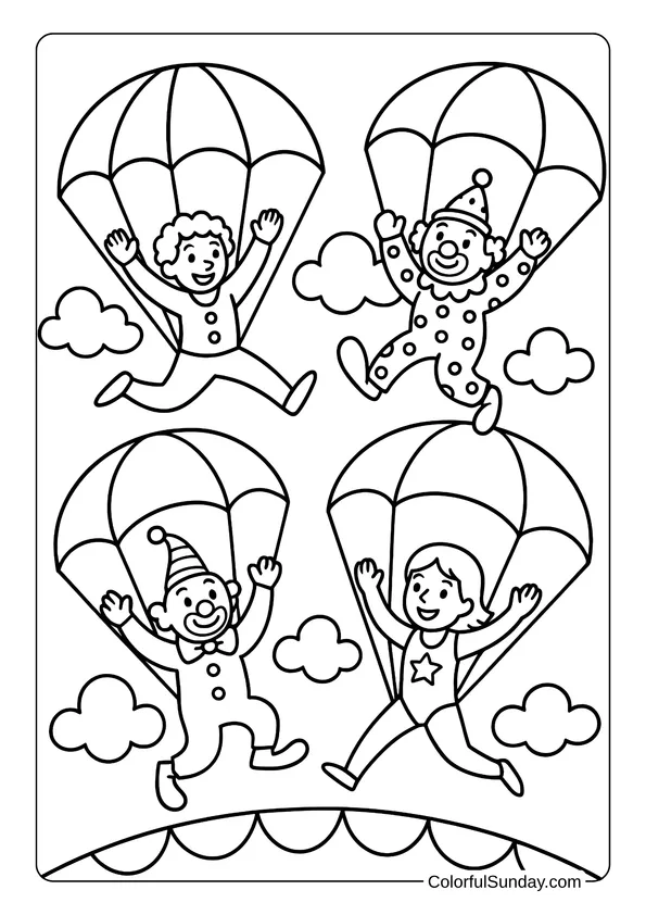 Circus performers parachute onto a stage through the clouds in this parachute coloring page.