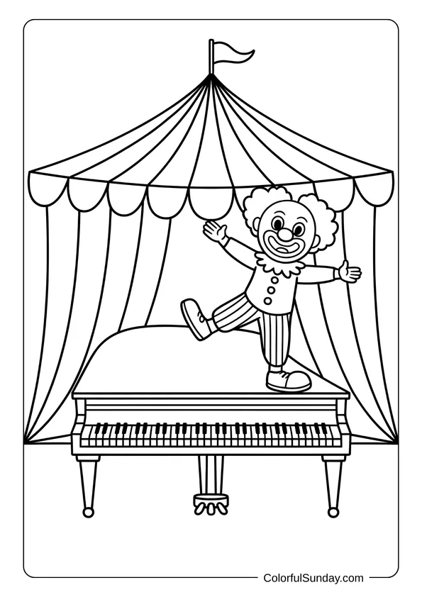 Circus scene with a clown standing on top of a grand piano, styled as a coloring page.