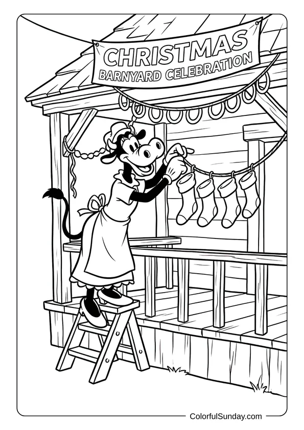 A coloring page featuring Clarabelle Cow hanging stockings and garland on farmhouse for Disney Christmas barnyard celebration.