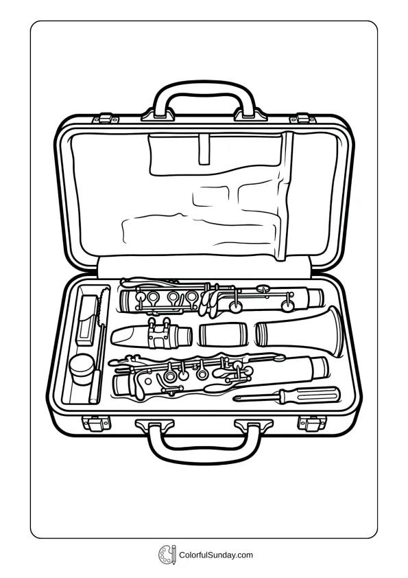 A clarinet case coloring page showing opened case with instrument nestled inside and accessories visible