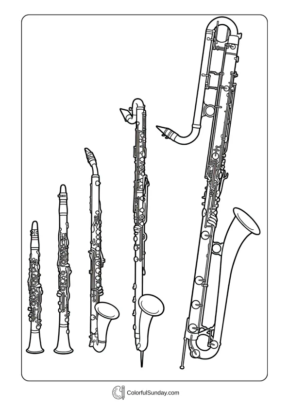 A coloring page style of a clarinet family.