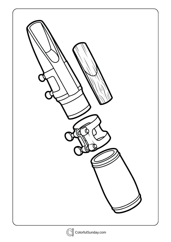 A clarinet mouthpiece coloring page with detailed view of reed ligature and barrel components