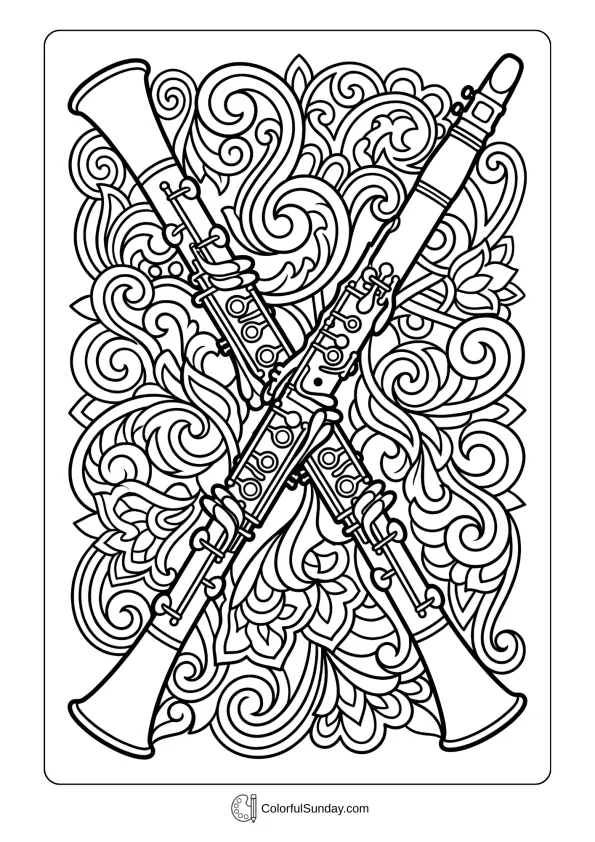 A clarinet silhouette coloring page with artistic arrangement of multiple outlines creating decorative pattern