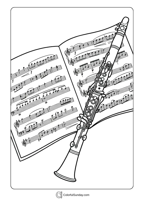 A clarinet coloring page with instrument resting beside open sheet music and musical notation patterns