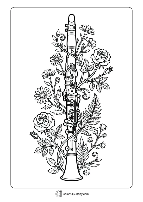 A clarinet with flowers coloring page showing lovely instrument adorned with botanical vines leaves and blooms