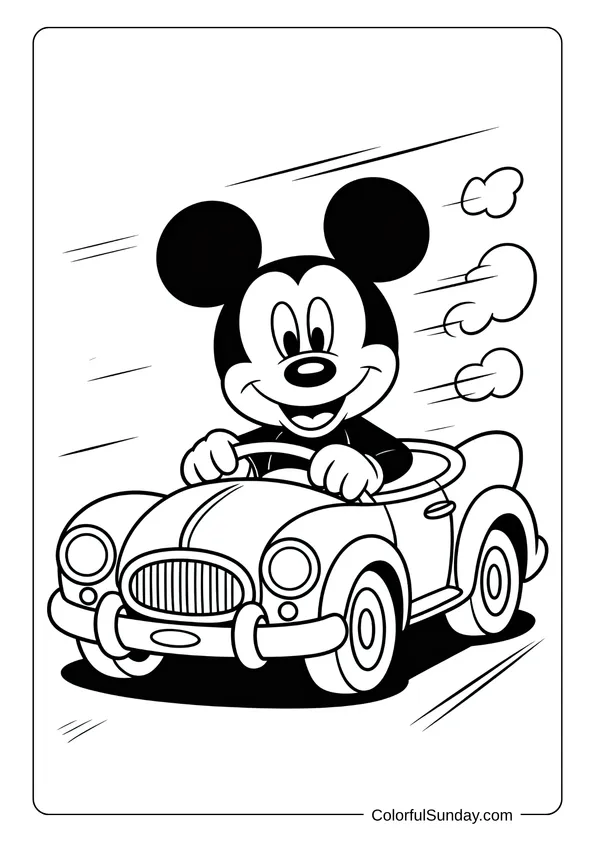 Pokemon Badges And Logo Coloring Page Mickey Mouse driving a classic convertible car at high speed in this coloring page.