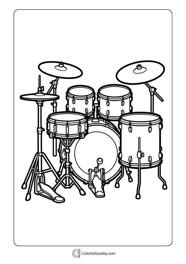 A coloring page featuring a complete drum set with bass drum, snare, toms, cymbals, and hi-hat ready to rock