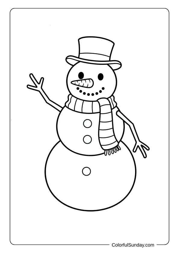 A classic snowman coloring page showing him waving while wearing a scarf and buttons.