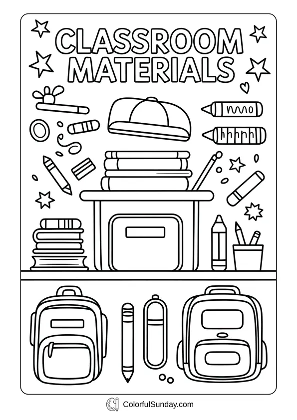 Classroom materials like books, pencils, glue, and backpacks displayed neatly, detailed coloring page.