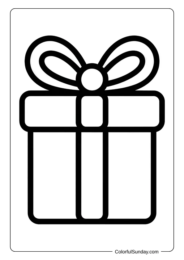A Christmas present with a rounded bow and smooth lines fits perfectly in a beginner-friendly coloring page.