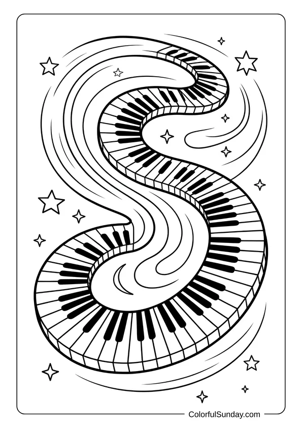 Pokemon Badges And Logo Coloring Page Galaxy scene with a winding piano keyboard flowing through stars, styled as a coloring page.
