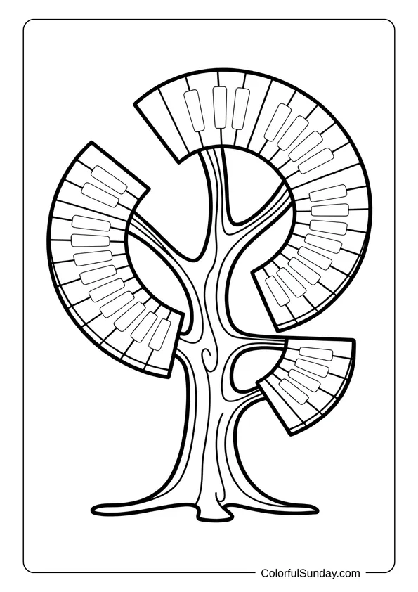 Pikachu From Pokemon Coloring Page Fantasy tree with piano keys forming its branches, drawn as a coloring page.