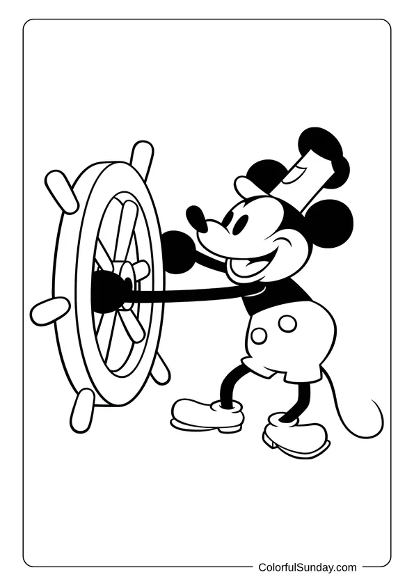 Classic Steamboat Mickey Mouse turning the ship’s wheel in a nostalgic coloring page.