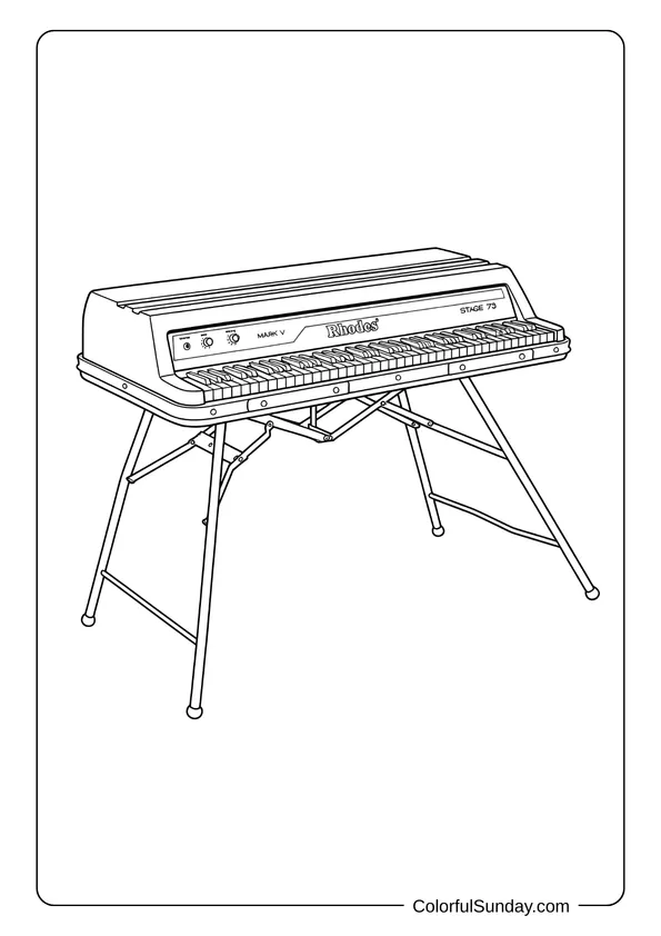 Pokemon Badges And Logo Coloring Page Coloring page of a Fender Rhodes electric piano with its stand and keys shown in detail.