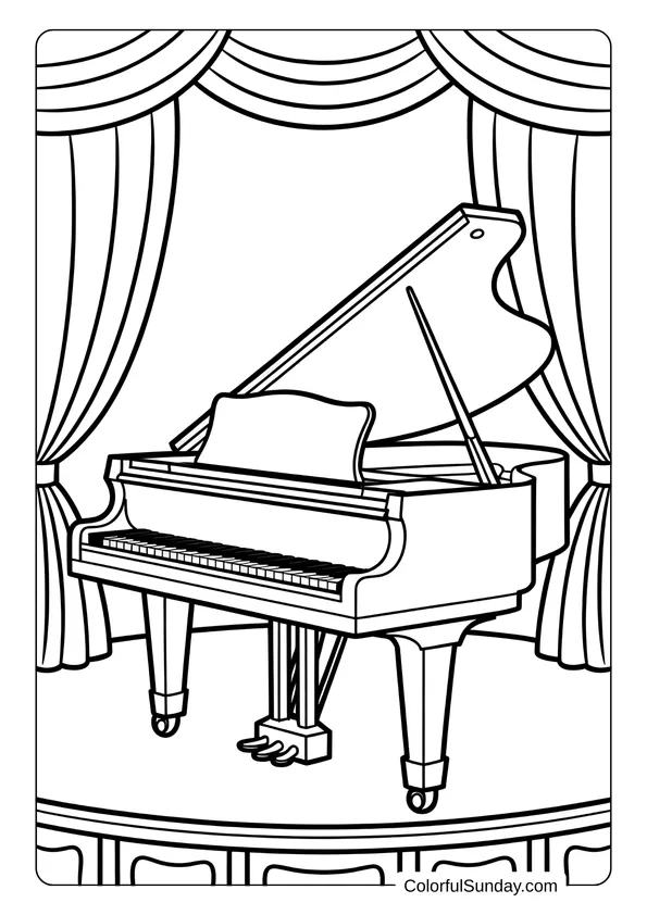 Pikachu From Pokemon Coloring Page A grand piano on stage with curtains behind it, presented as a coloring page.