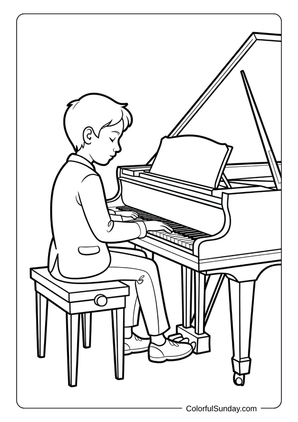 Pikachu From Pokemon Coloring Page Young pianist performing at a grand piano, presented in a coloring page format.