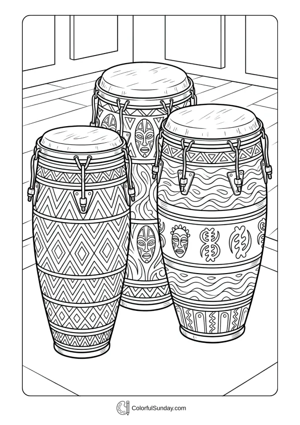 Tall conga drums coloring page with detailed shell patterns and tension rods arranged in playing formation