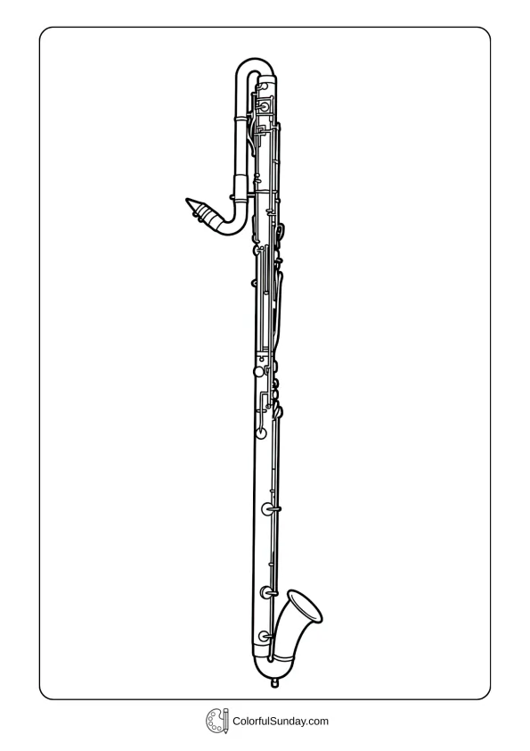 A contrabass clarinet coloring page featuring the massive instrument towering with extended tubing and impressive keywork