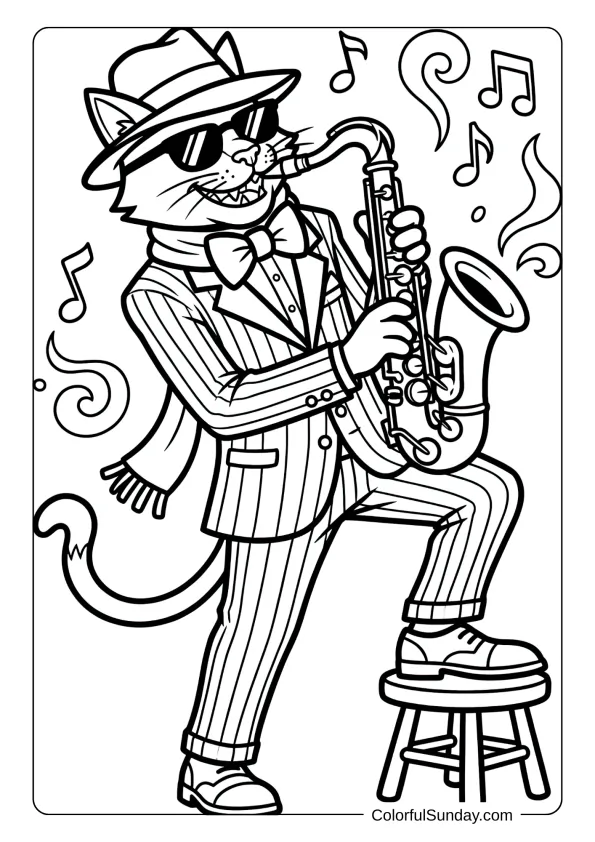 Stylish jazz saxophonist with confident attitude coloring page playing saxophone with personality and flair beautifully displayed.