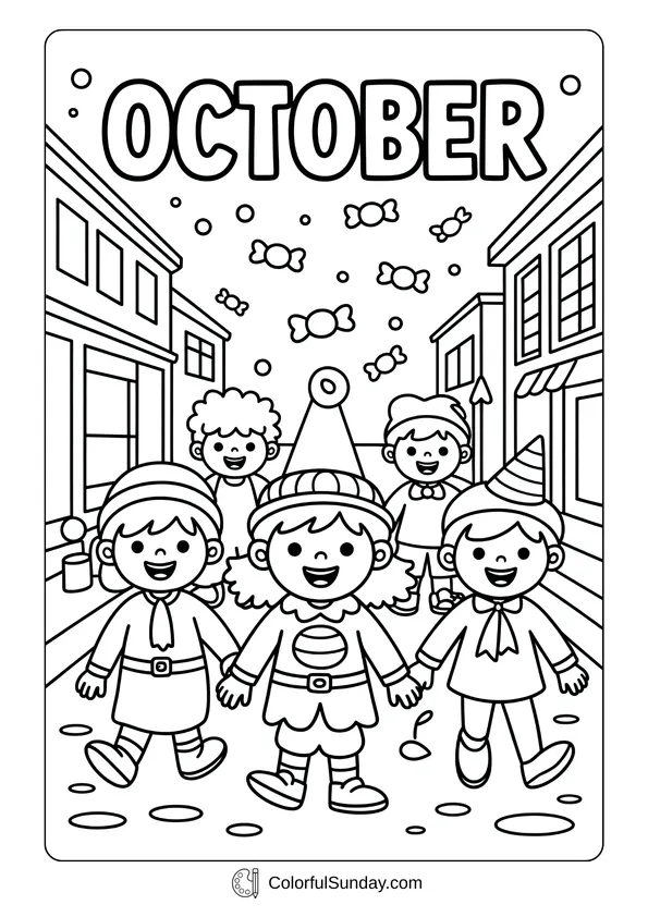 Pokemon Badges And Logo Coloring Page Children in costumes walking through the street with candy falling in this October coloring page.