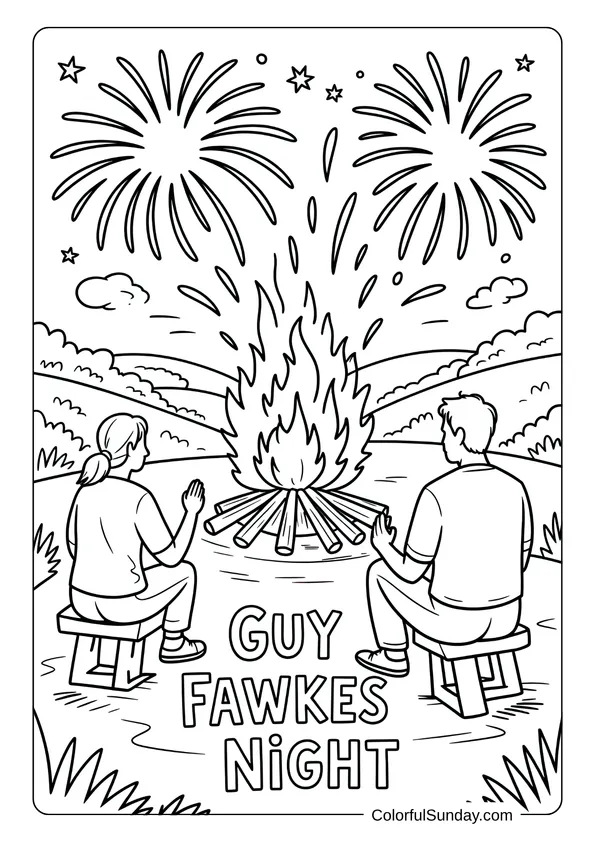 Guy Fawkes Night scene in the countryside with two people sitting by a large bonfire and watching fireworks in this coloring page.