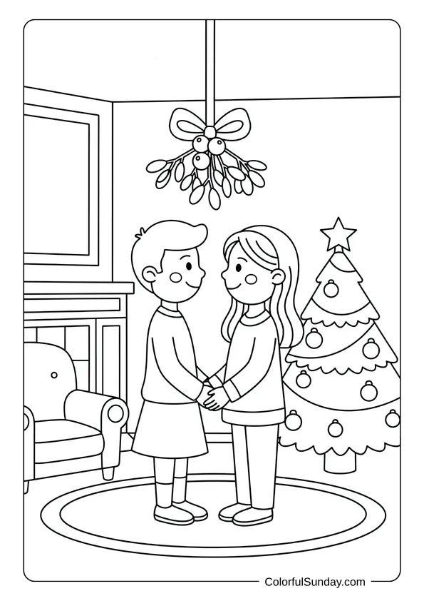 A coloring page of a couple standing under mistletoe indoors.