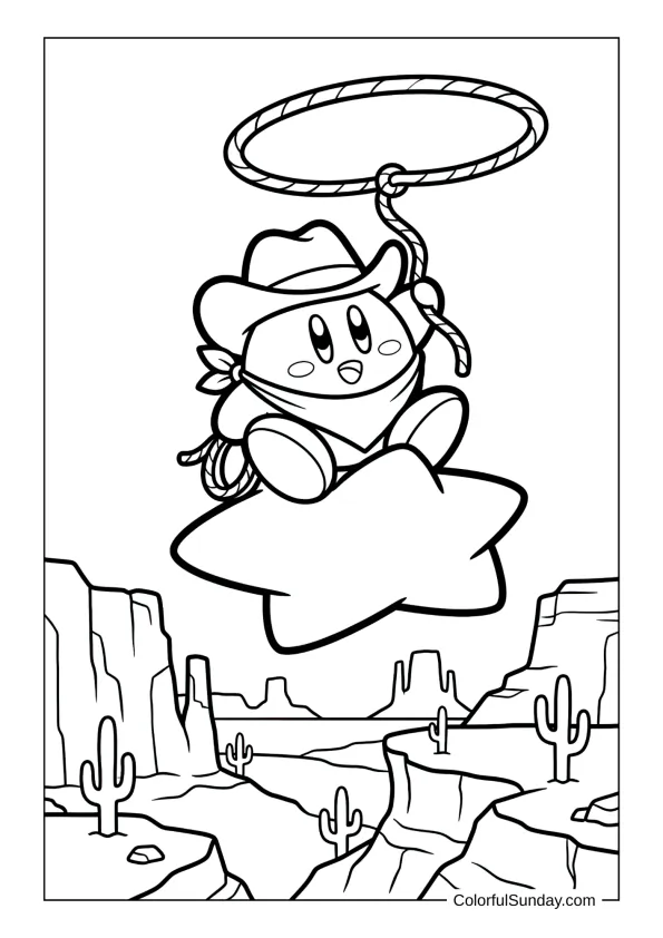 Cowboy Kirby rides a warp star over desert canyons twirling a lasso in this adventurous coloring page