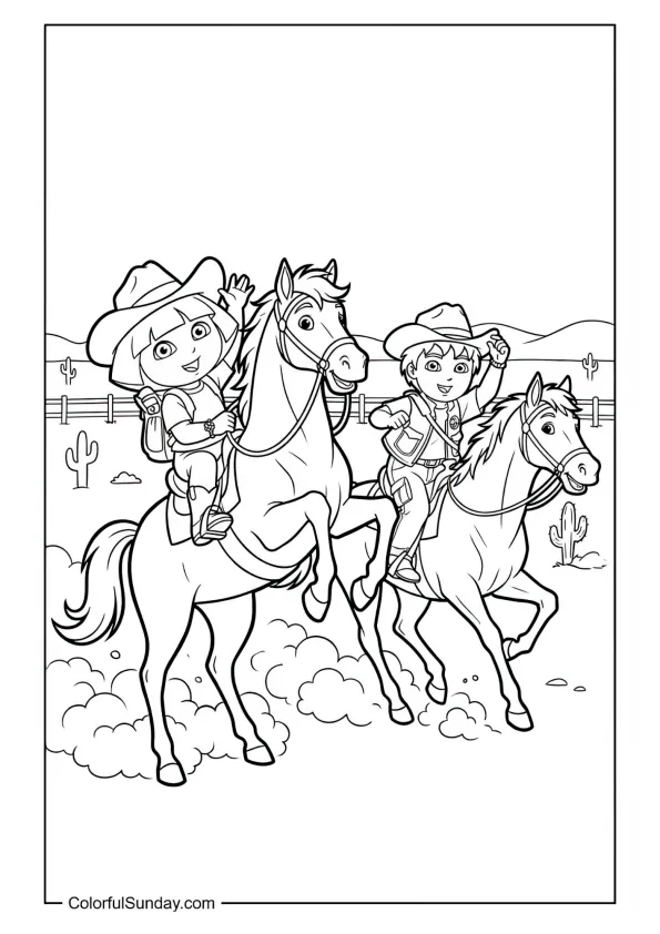 Dora and Diego galloping on horses across a ranch in this Dora the Explorer coloring page.
