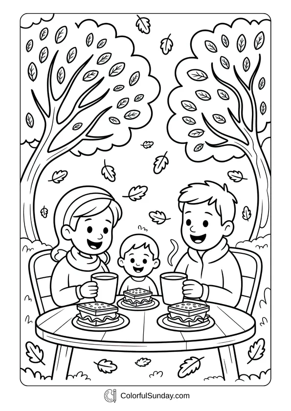 Pikachu From Pokemon Coloring Page A cozy family picnic outdoors with sandwiches and warm drinks shown in an autumn coloring page.