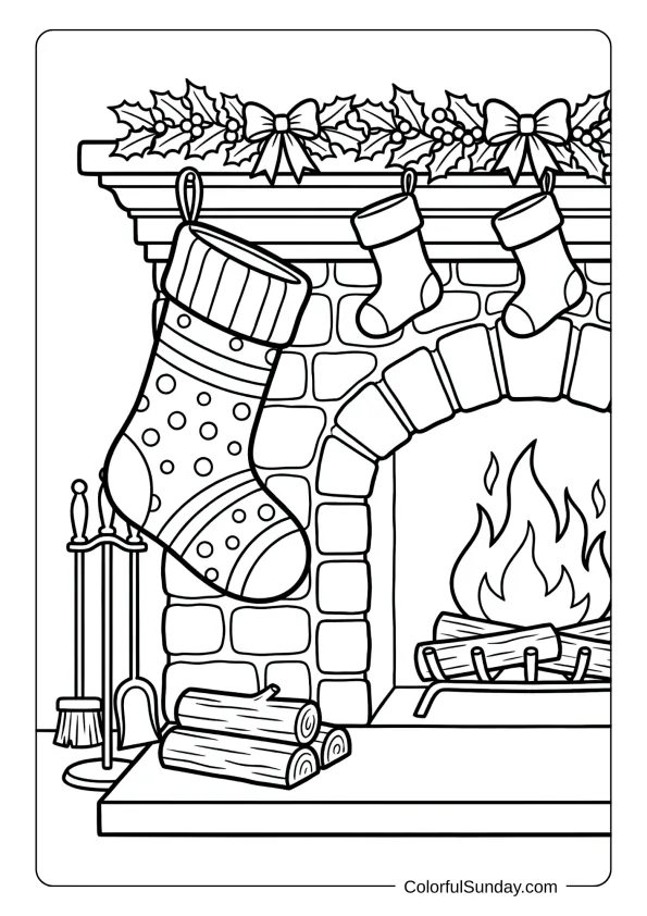 A cozy fireplace coloring page with a Christmas stocking hanging beside it with garland decorations