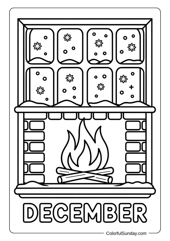 A cozy fireplace with flames glowing under a frosty window filled with snowflakes in a December coloring page.