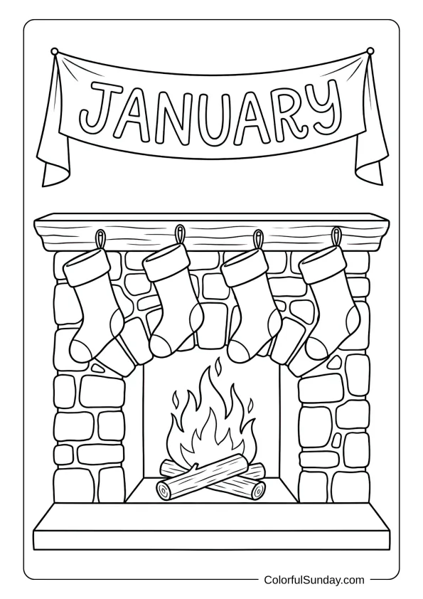 A coloring page of a cozy fireplace with stockings for January evening coloring page