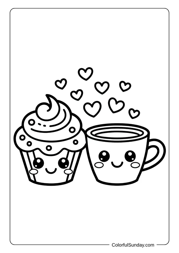Cupcake and coffee smiling together with floating hearts in a sweet dessert-themed coloring page.