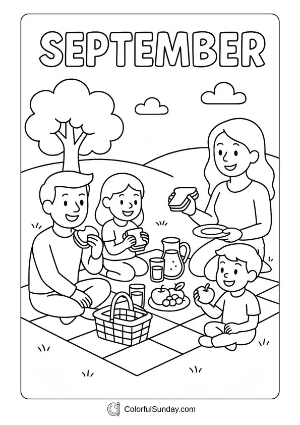 Cozy Picnic September Coloring Page Family enjoying a picnic outdoors on a September day coloring page.