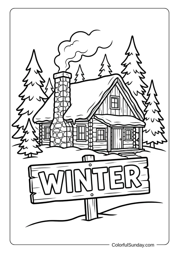 A cozy winter cabin coloring page nestled among pine trees with smoke rising.