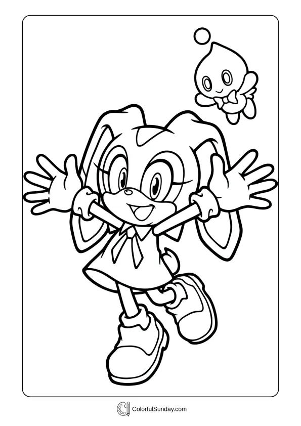 A coloring page of Sonic's friend Cream the Rabbit cheerfully jumping with arms spread wide in pure joy coloring page