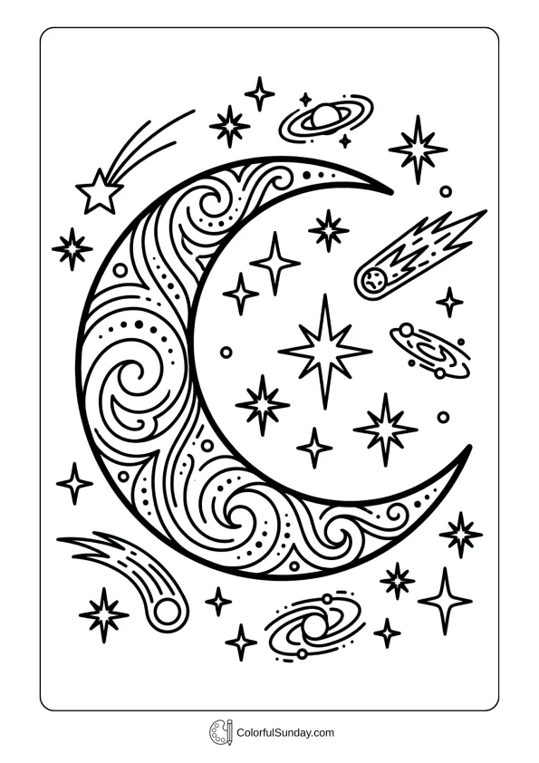 Crescent moon coloring page with twinkling stars in night sky for Ramadan