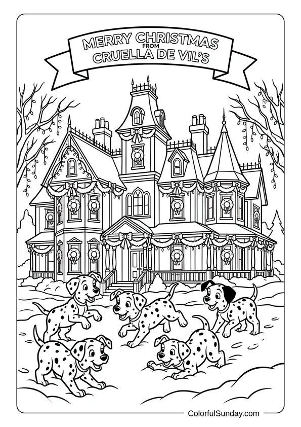 A Disney Christmas coloring page showing Cruella de Vil’s mansion surrounded by playful Dalmatian puppies in the snow.