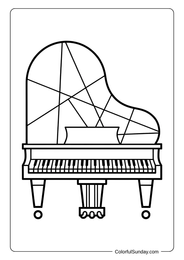 Cubist-inspired artwork of a grand piano with geometric lines, created as a coloring page.