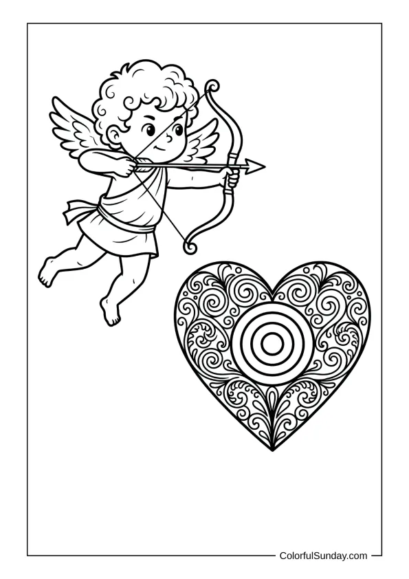 Focused Cupid shooting arrow at beautiful heart target coloring page.