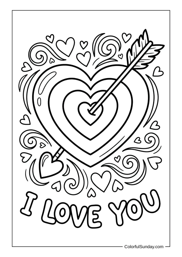 Cupid's arrow hitting a heart target with swirls and hearts around in an I love you coloring page.