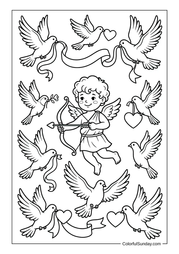 Cheerful Cupid with adorable lovebirds and doves carrying hearts coloring page.