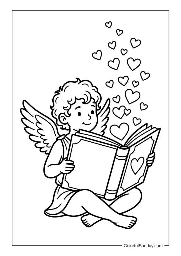 Studious Cupid reading a magical book with floating hearts coloring page.