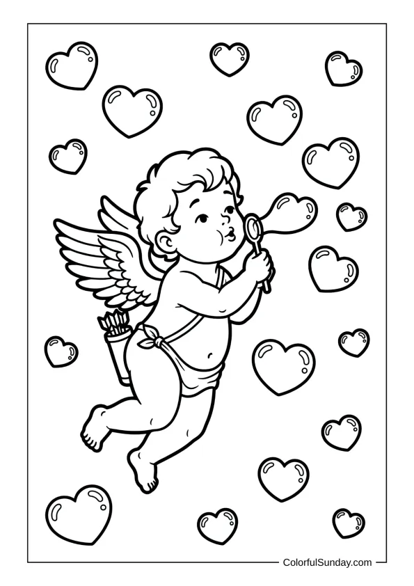 Cheerful Cupid blowing heart-shaped bubbles all around in a coloring page.