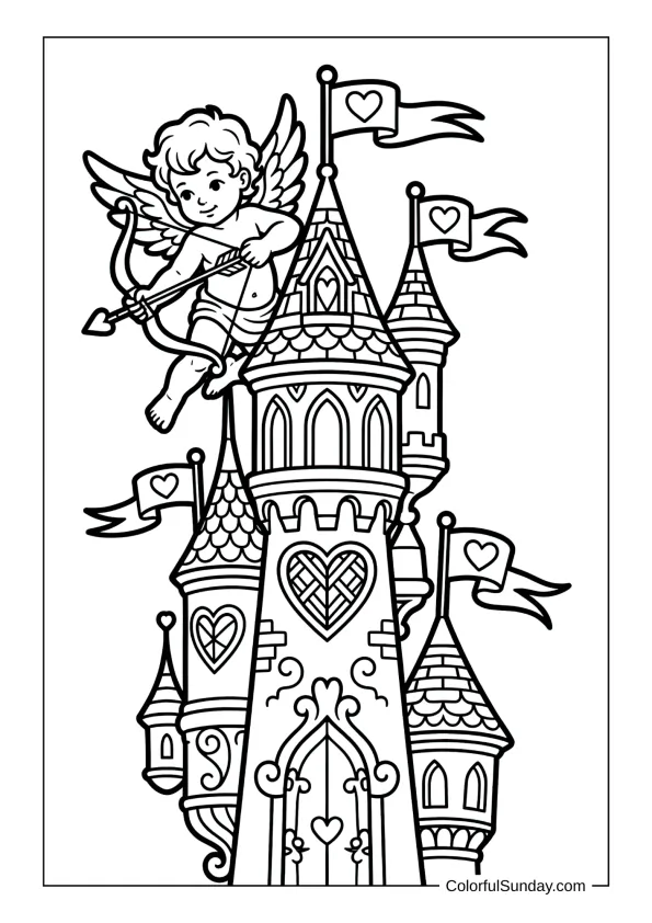 Adventurous Cupid at a magical castle tower with heart flags coloring page.