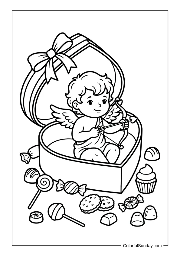 Sweet Cupid nestled in a heart chocolate box with candies coloring page.