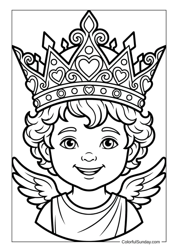 Regal Cupid wearing a decorative heart crown in a fun coloring page.