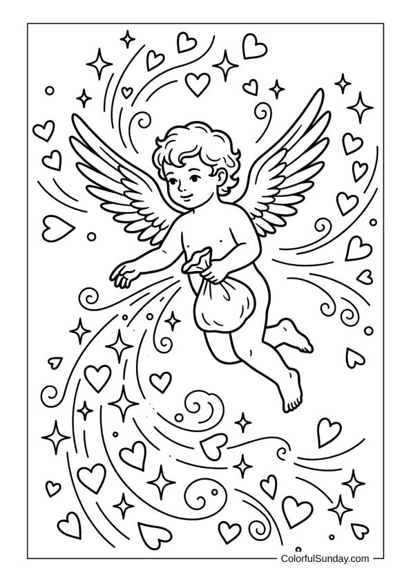 Magical Cupid spreading fairy dust with heart sparkles in a coloring page.