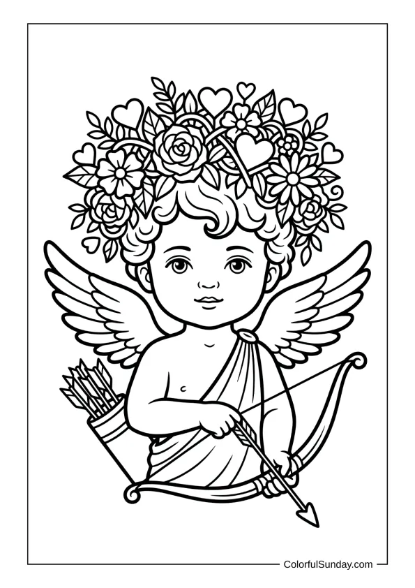 Pretty Cupid wearing a lovely flower and heart crown coloring page.